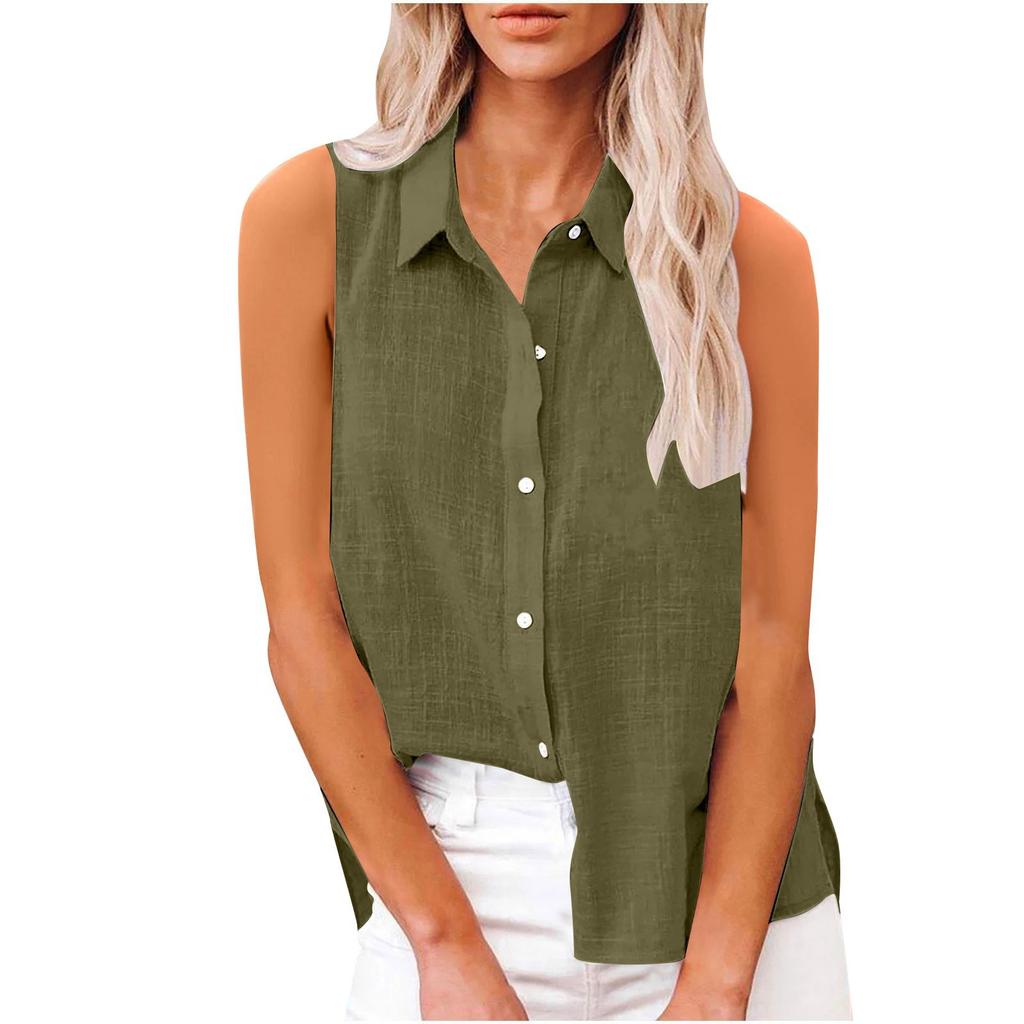Women's Fashion Casual -Colour Sleeveless Cardigan Collar Cotton-Linen Button-Down Shirt T-Shirt Top