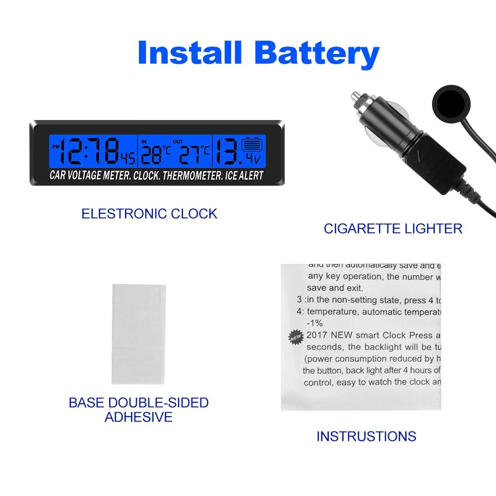 Zegar cyfrowy do samochodu Wewnątrz i na zewnątrz Termometr do pomiaru temperatury akumulatora Monitor napięcia akumulatora Podświetlenie LED z gniazdem zapalniczki