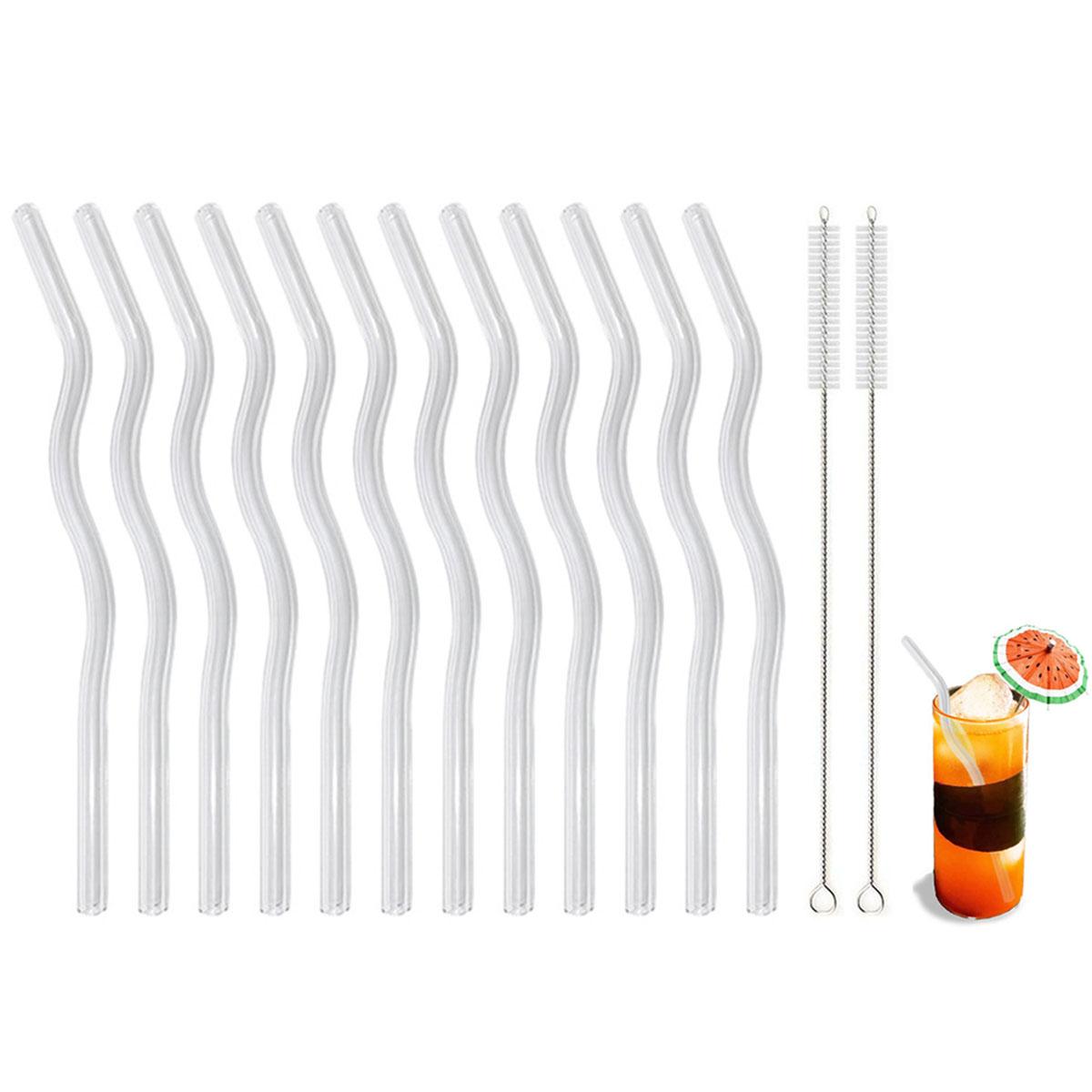 12-piece Wavy Glass Straws Set with 2 Cleaning Brush Reusable 20cmx0.8cm Curved Drinking Straws чистый