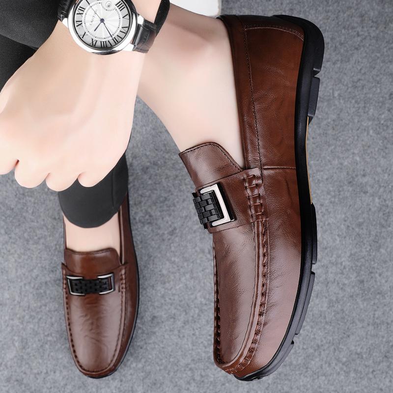 Fashion Advanced Texture Lightweight Genuine Leather Men's Formal Leather Shoes Handmade Soft Comfortable Non-slip Casual Men Bean Shoes