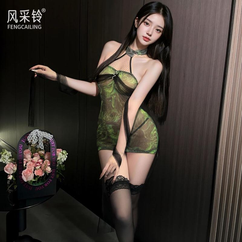 Snake uniform seductive snake sex underwear green bamboo perspective cheongsam neck dress hip skirt