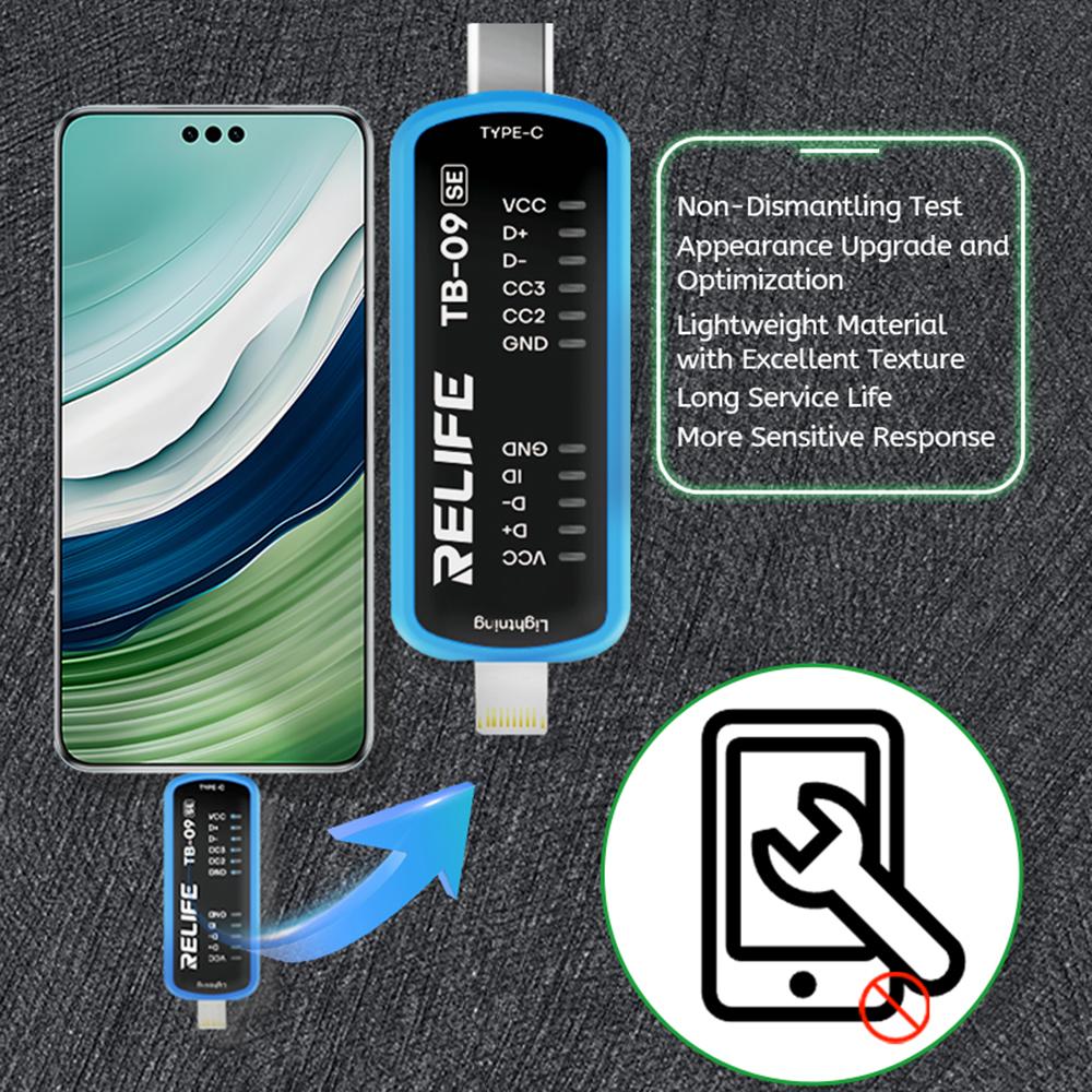 RELIFE TB-09 SE For iPhone/Android Charging Port Tester 8-Pin Type-C Dual Plug Fault Detection