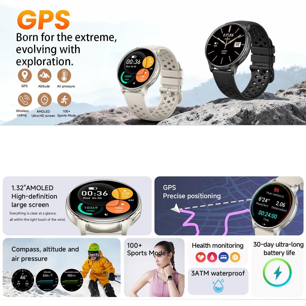 Bluetooth Smartwatch with AMOLED 1.32-inch display, LED flashlight, compass, and outdoor features