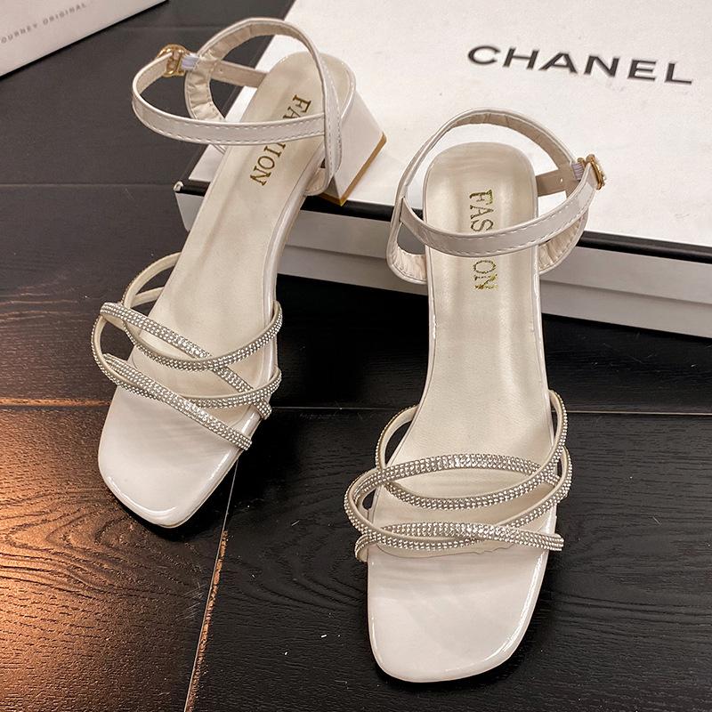 Rhinestone sandals medium heel women's sandals summer new thick heel with buckle fairy wind open toe sandals