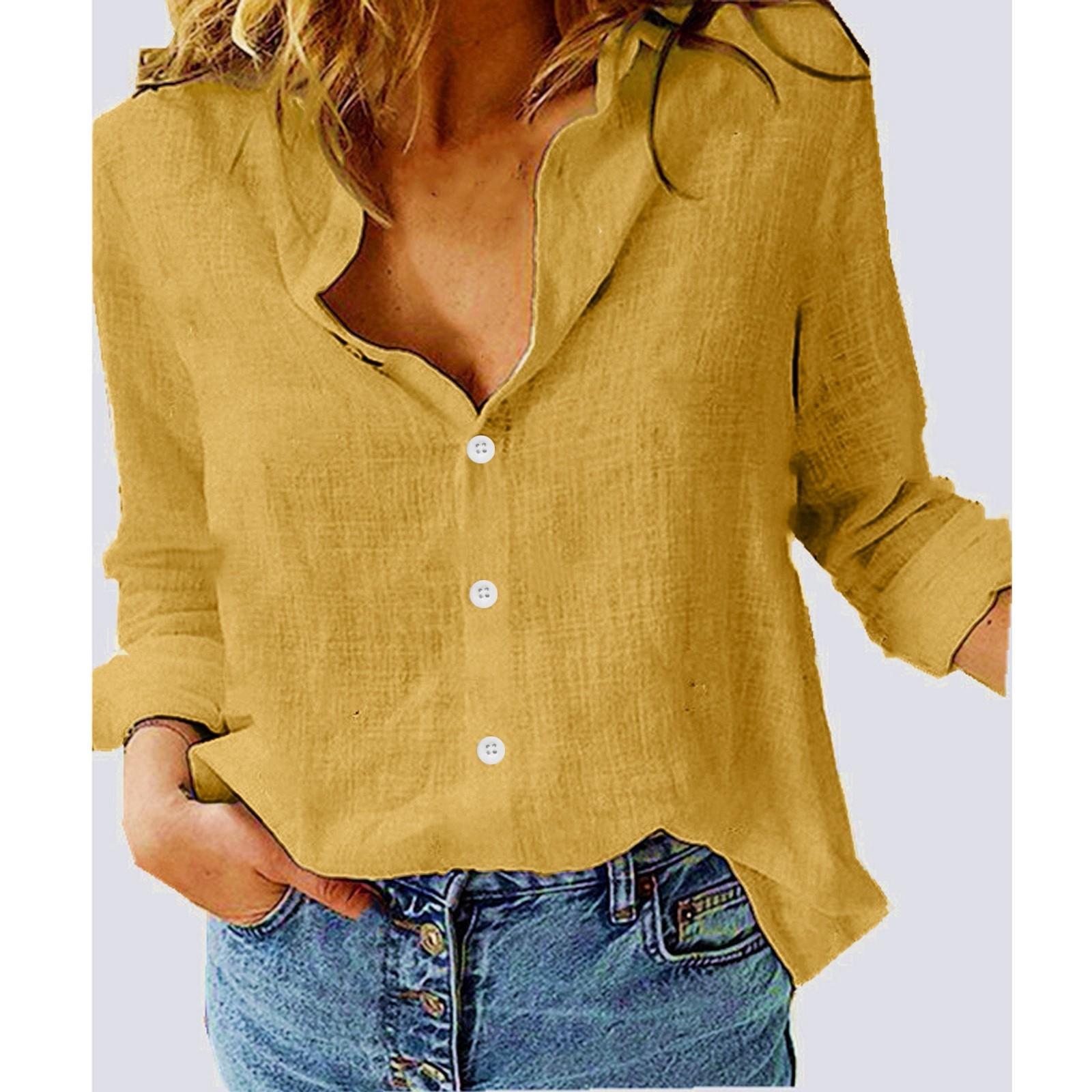 

Женская свободная льняная рубашка на пуговицах с длинными рукавами и лацканами, повседневная блузка, топы XL