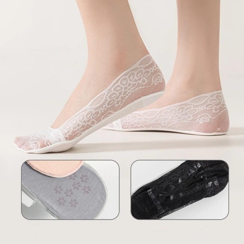 5 Pairs Summer Comfortable Lace Women's Socks Low Cut Ultra-thin Invisible Boat Socks Silicone Non-Slip Cotton Bottom Thin Socks