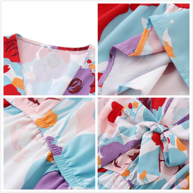 Women Fashion Printed Dress Short Sleeve V-neck Mini Dress Flouncing Hem Bow-tied Summer Dress