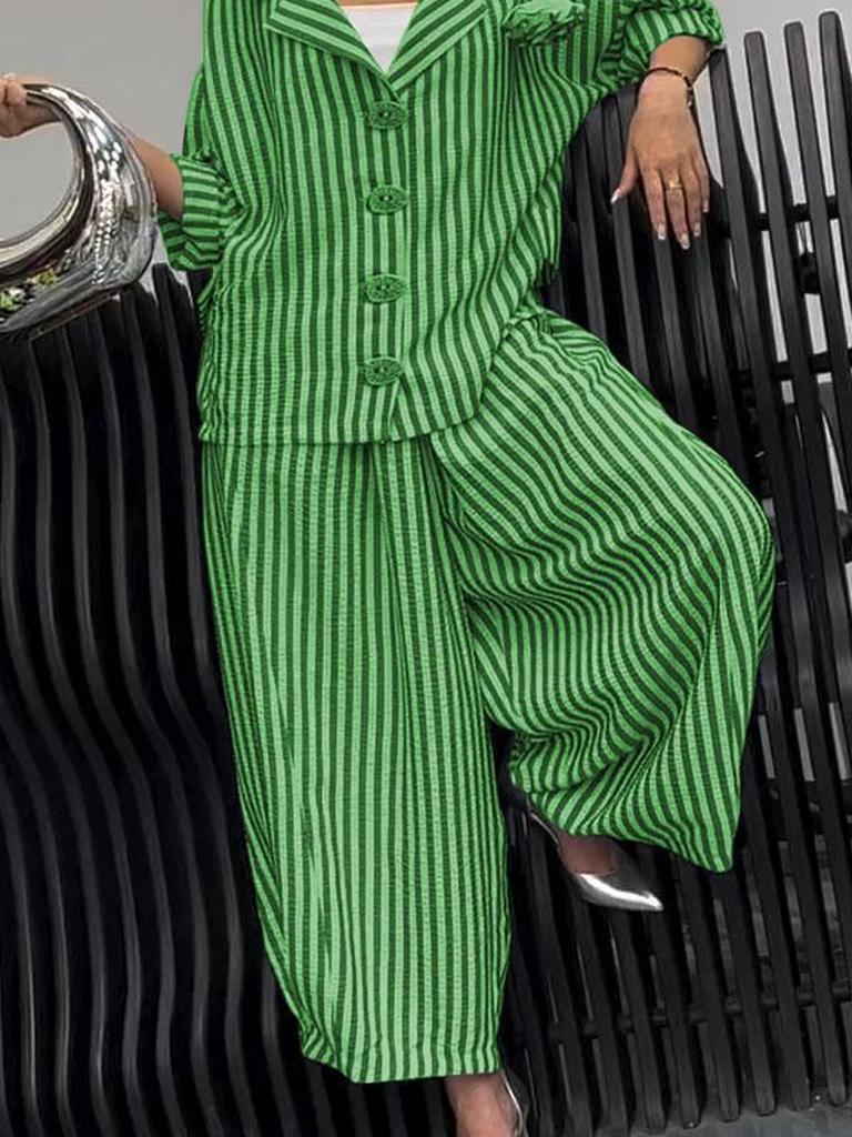 New Autumn Commute Style Floral Striped Loose Blazer Casual Suit Set