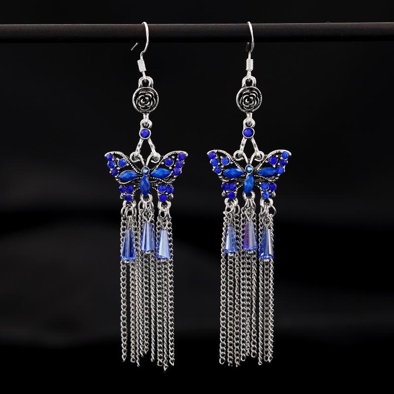 Retro Ethnic Style Butterfly Crystal Fringed Earrings Femininity Versatile Personality Long Earrings Fashion Earrings
