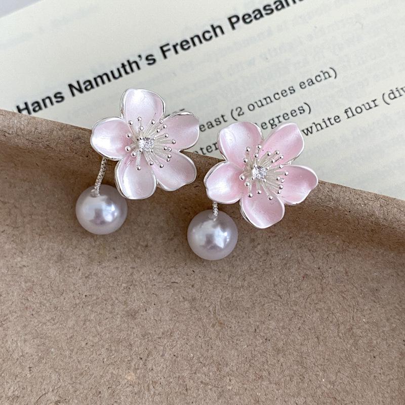 Korean Style Silver Needle Zirconia Enamel Flower & Pearl Earrings - Elegant, Light Luxury Accessories for Women