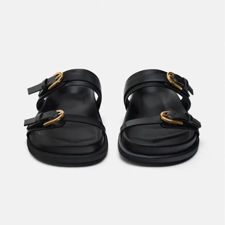 Fashion Woman Black Flat Slingback Shoes Female Summer Straps Round Toe Shoes 2025 Women's Sandals Metal Buckle Flat Sandals