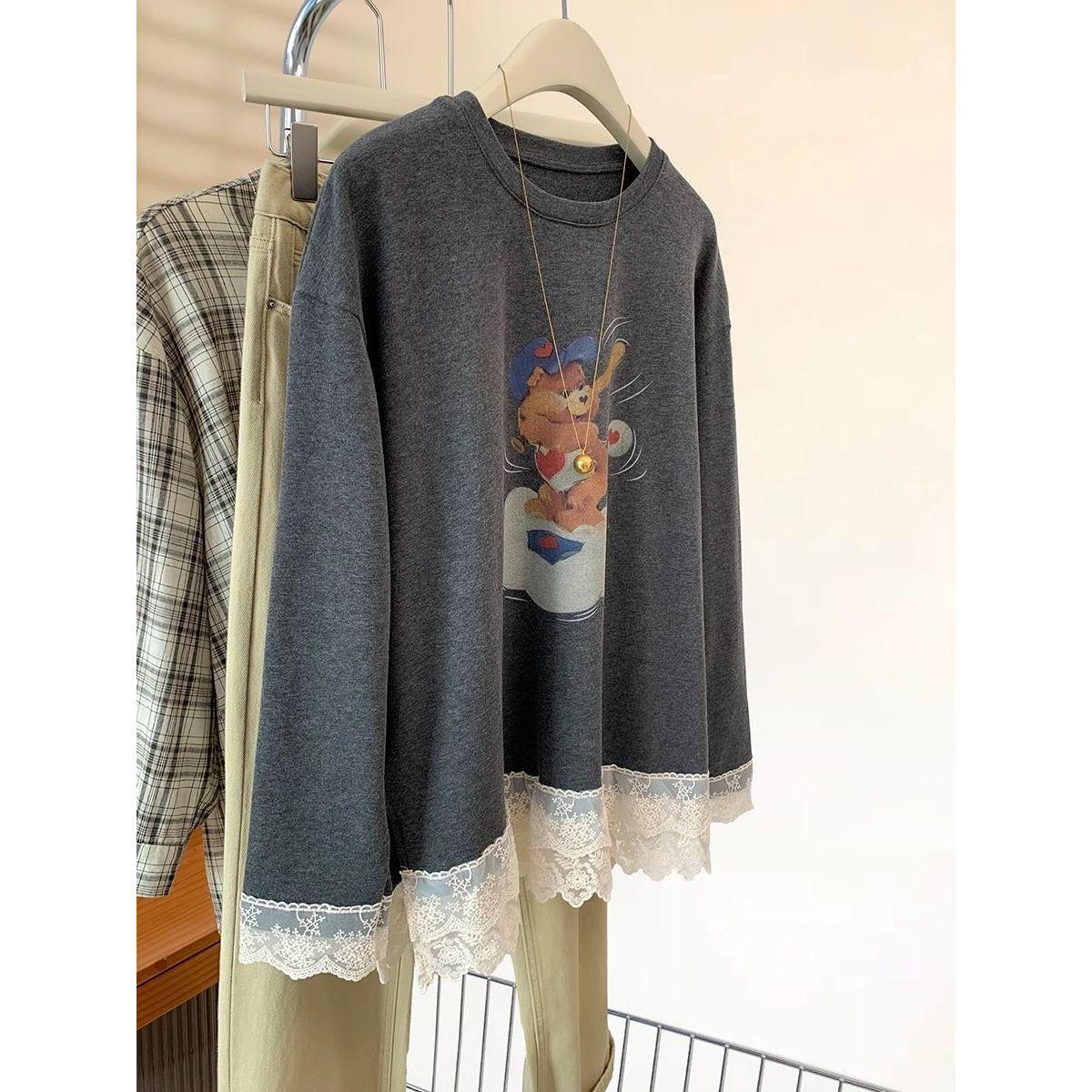 

Cartoon Teddy Bear Brushed Lace Long Sleeve T-Shirt - Autumn Winter Slim Fit XL (57.5-65 kg) сірий колір
