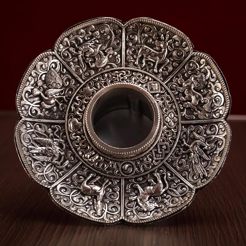 Silver Buddhist Tall Bowl Alloy, Tantric Holy Water Cup, Engraved Eight Auspicious Porcelain Bowl, Tibetan Desktop Decorative