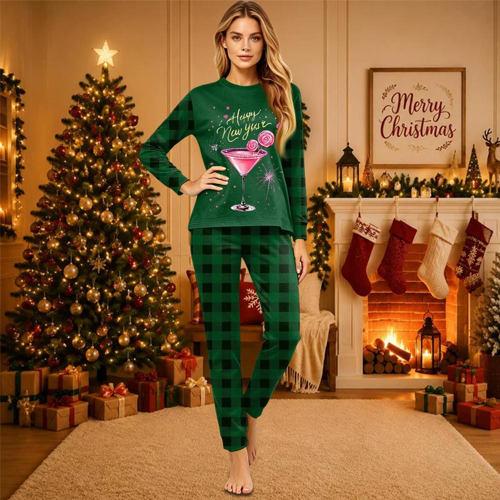 Christmas-print long-sleeve and long-pant matching family loungewear set