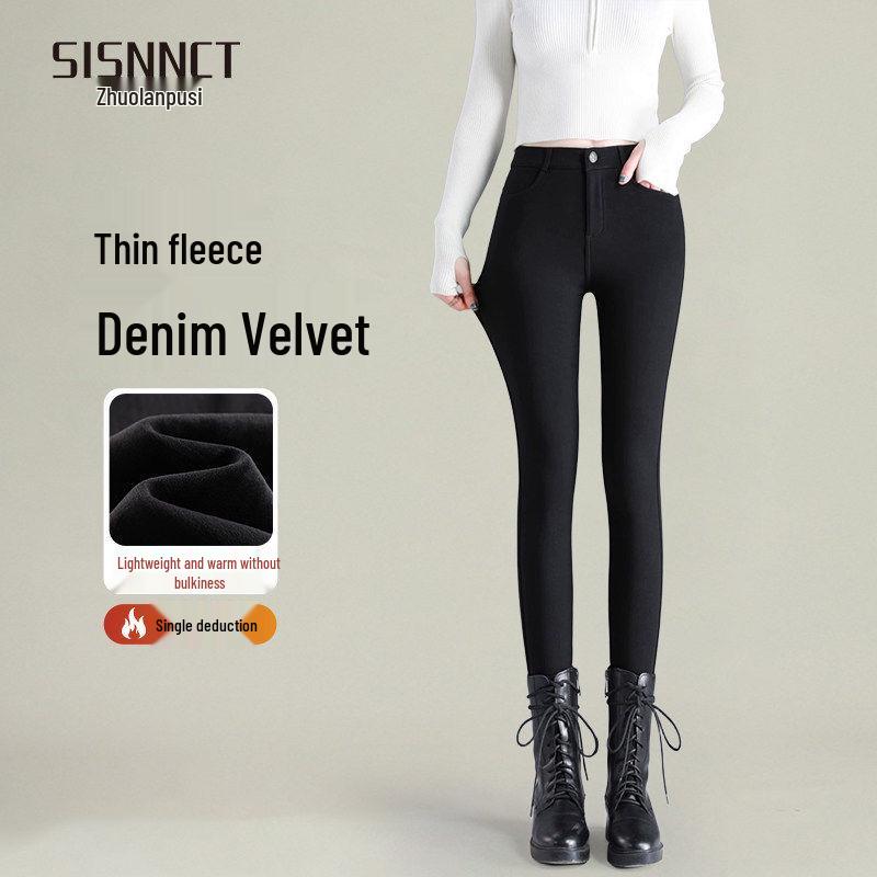 Women's Black Lambswool Leggings: Warm, Thickened Fleece-Lined, Slim Pencil Style, Ideal for Autumn/Winter 2025