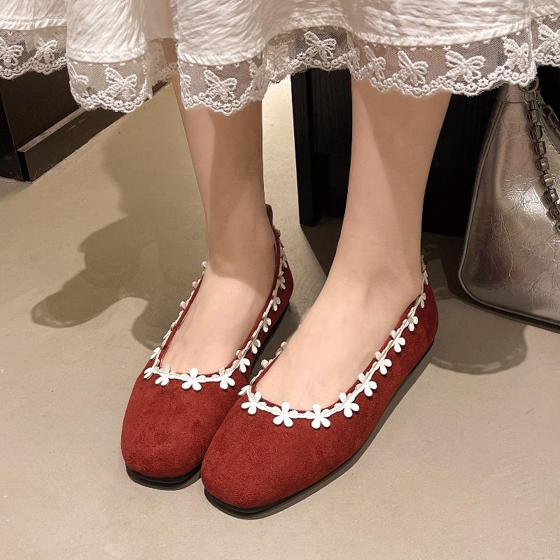 2025 New  French Flower Ballet Shoes Women's Inside Heightening Summer Shallow Slip-On Suede Single