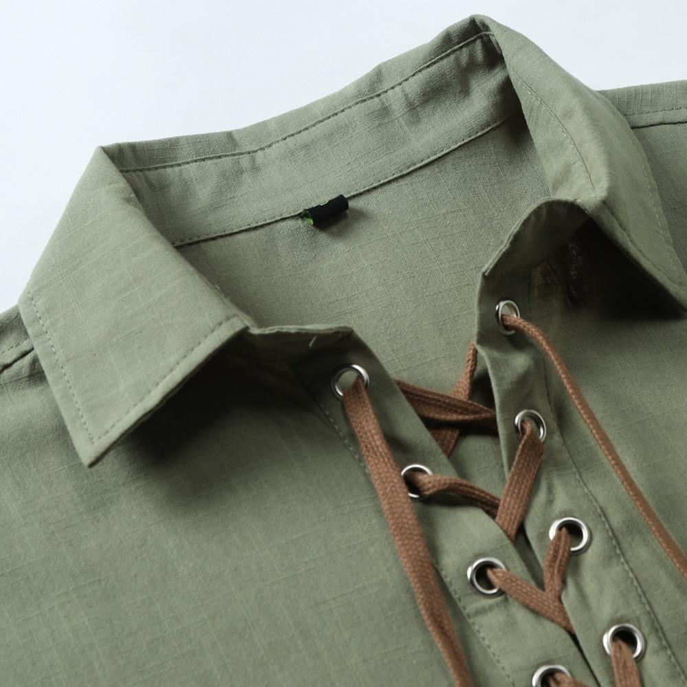 Summer Men's Cotton Linen 100% Shirt Solid Color Lace-up Turn-down Collar Shirt  Linen Shirt Top