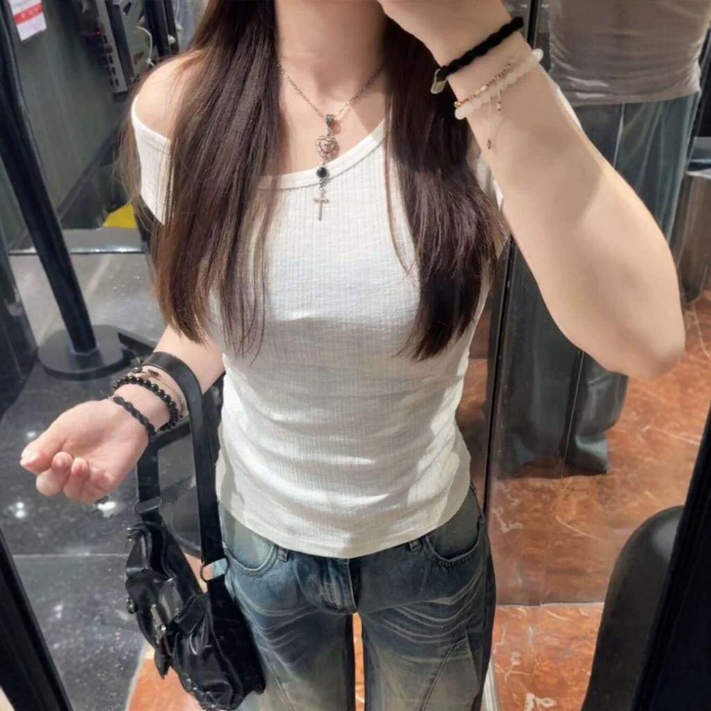 Korean Wear White Slanted Shoulder Short-sleeved T-shirt Women's Summer New Spice Girl Style Waist and Thin Off-the-shoulder Top