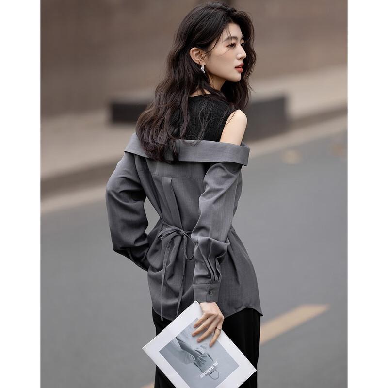 

Women s Off-Shoulder Faux Two-Piece Spliced Belted Blouse M