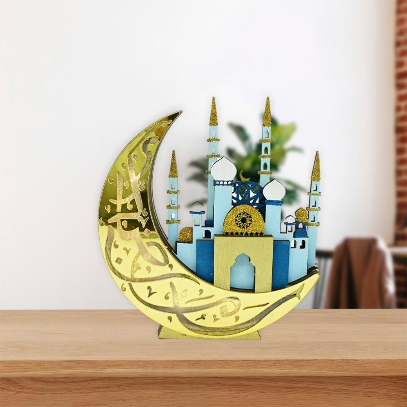 Eid Ramadans Wood Moon Castles Mosque Ornament with LED Light for Muslims Home Tabletop Decoration Festivals Party Gift