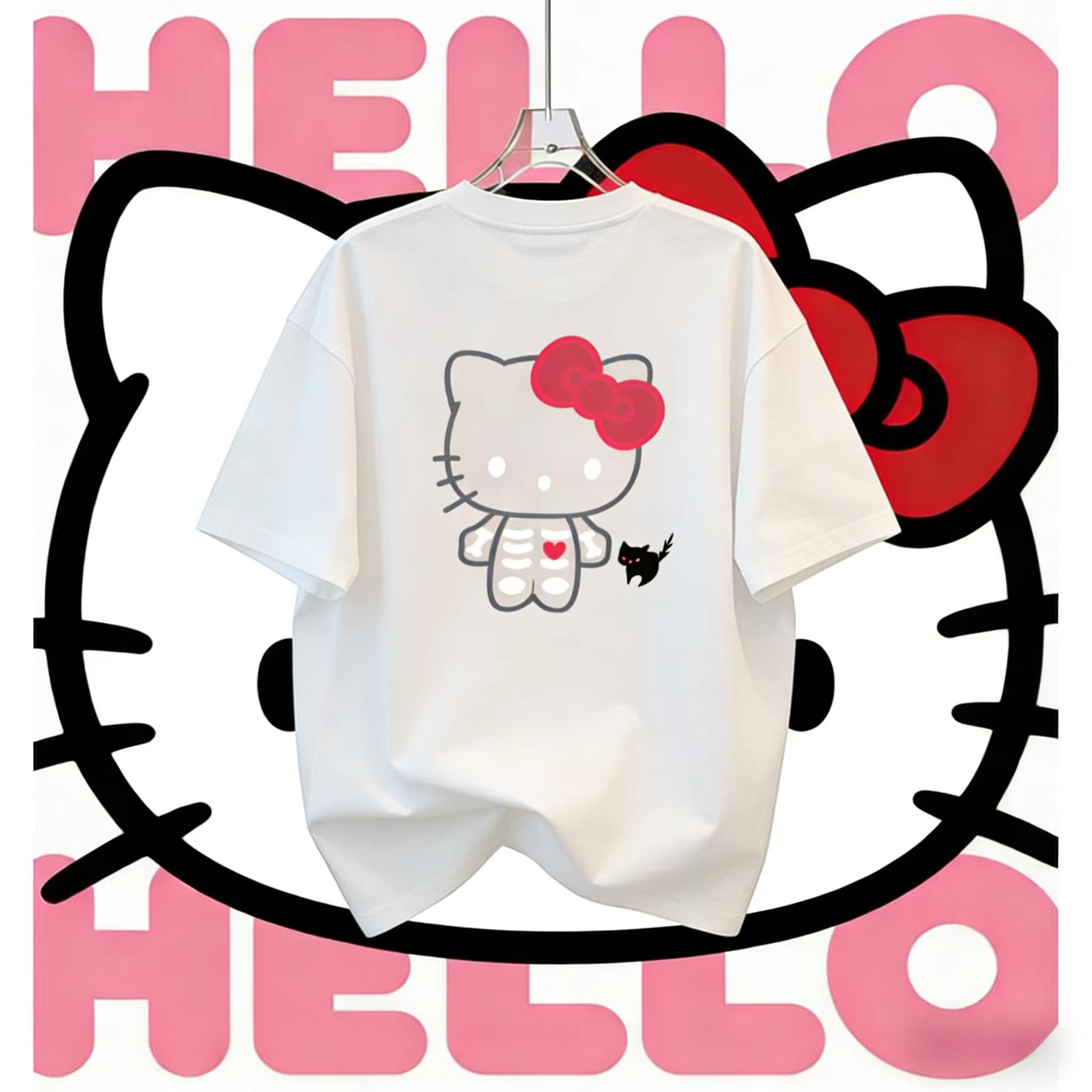 

2026 Hello Kitty Oversized Tshirt High Quality 100 Cotton Skeleton Womens summer loose and fashionable style S