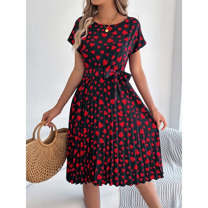 Spring Summer O Neck Printed Casual Short Sleeved Pleated Women Dress Loose Fashion Elegant A-line Party Lace-up Dresses Simple Women's Clothing