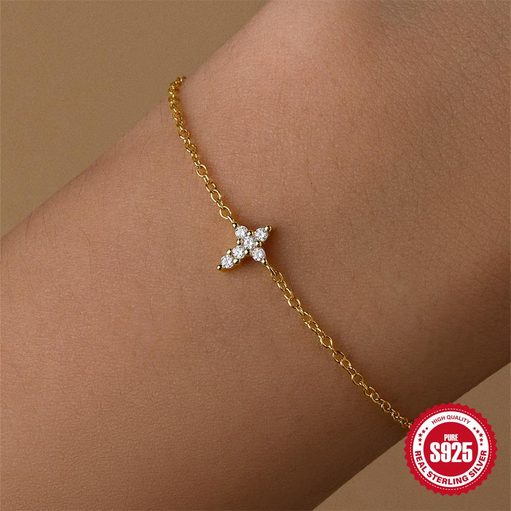 S925 Sterling Silver Cross Diamond Versatile Fashion Bracelet Simple Daily Office Worker Accessories
