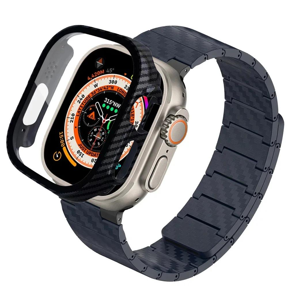 Carbon Fiber Strap+PC Case For Apple Watch Band Ultra 2 49mm 45mm 41mm 44mm 40 42mm Magnetic Bracelet iWatch 9 8 7 6 5 4 3 SE