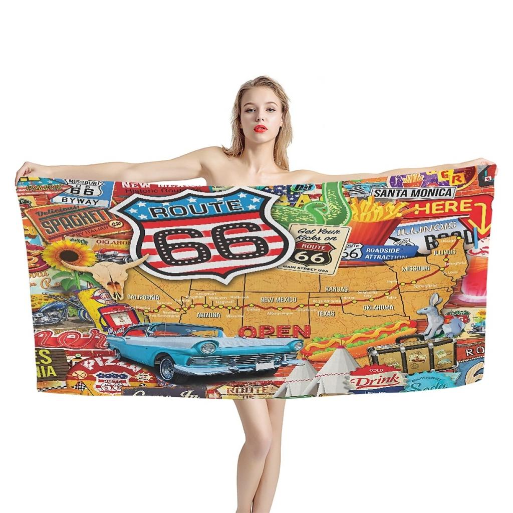 Historic Route 66 Beach Towel America's Main Street Motorcycle Retro Road Absorbent Bath Towel for Boys Men Travel Hotel Towel