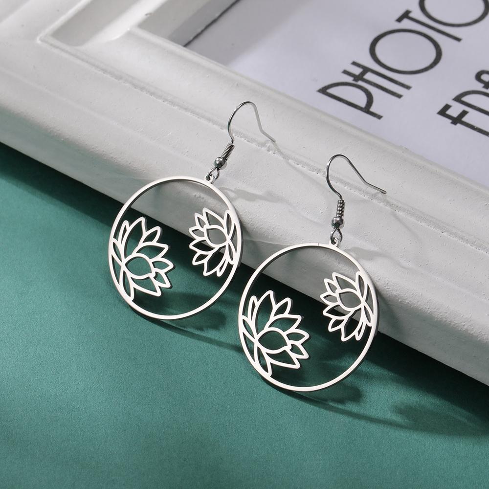 Dawapara Lotus Flower Dangle Earrings for Women Stainless Steel Round Flower Charm Yoga Jewelry Buddhist Spiritual Amulet