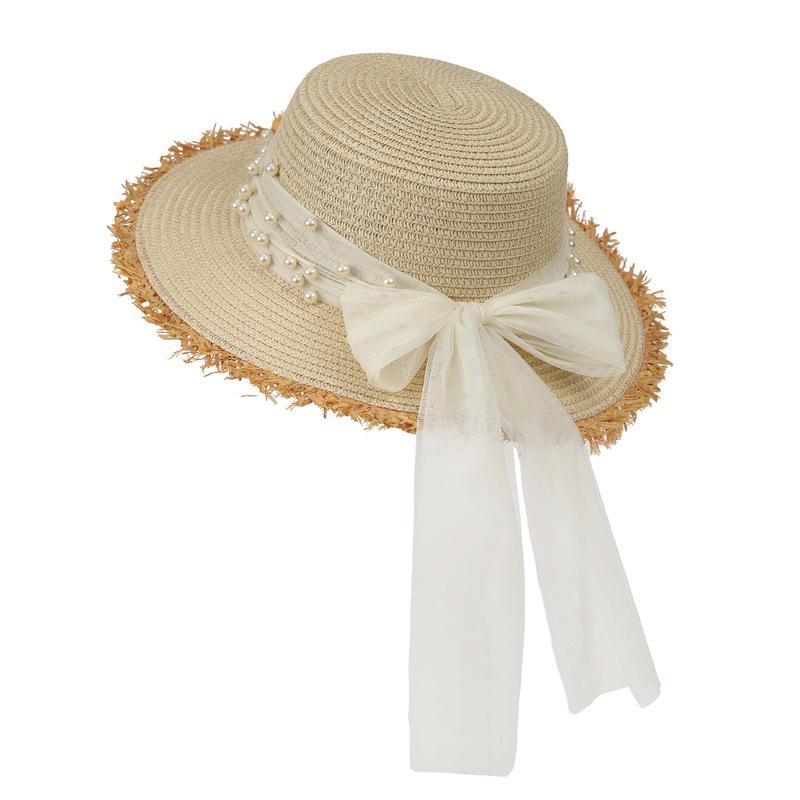 

Bow Straw Hat Flat Top Pearl Burr Straw Hat Women S Big Brim Summer Seaside Beach Sunshade Sunscreen Hat M（56-58cm） бежевий