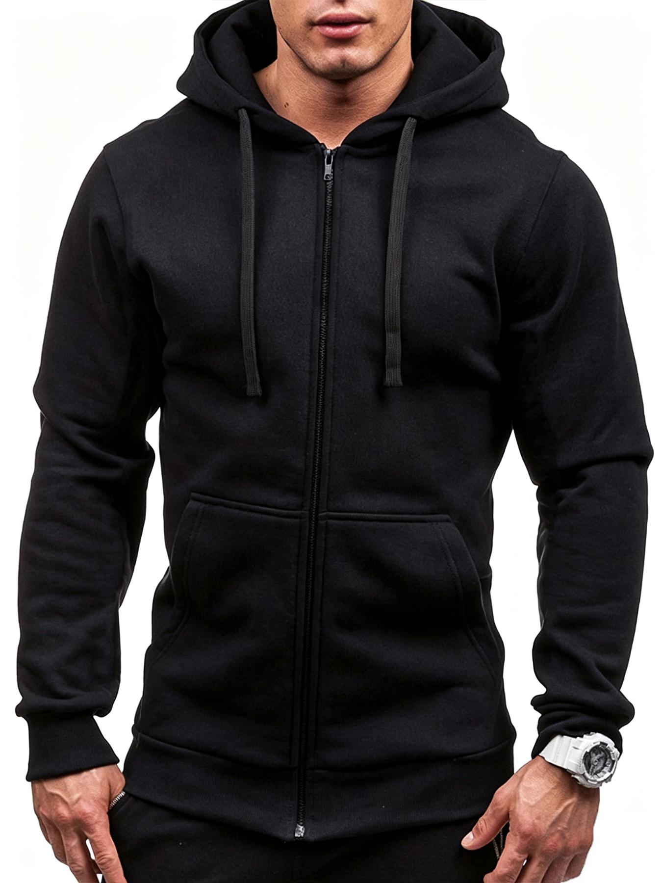 Men s Dark Grey Zip Up Hoodie - Slim Fit Fleece Hooded Sweatshirt, Casual Athletic Jacket with Kangaroo Pockets & Drawstring S