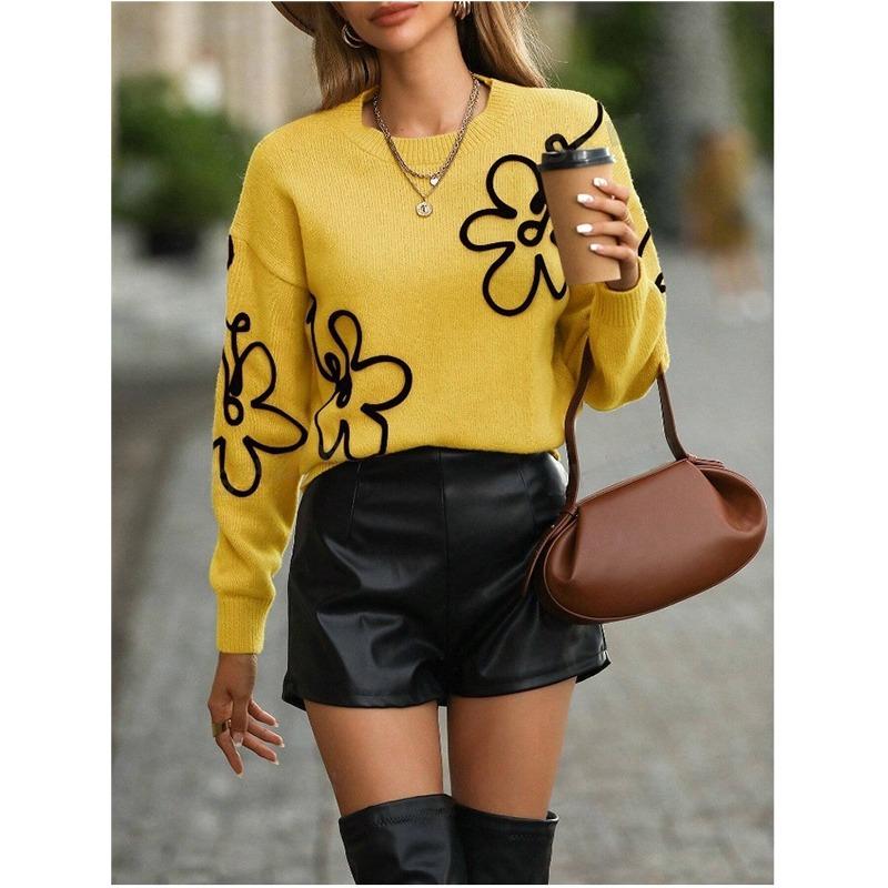 Women S Crew Neck Long Sleeve Flower Jacquard Knit Pullover Sweater