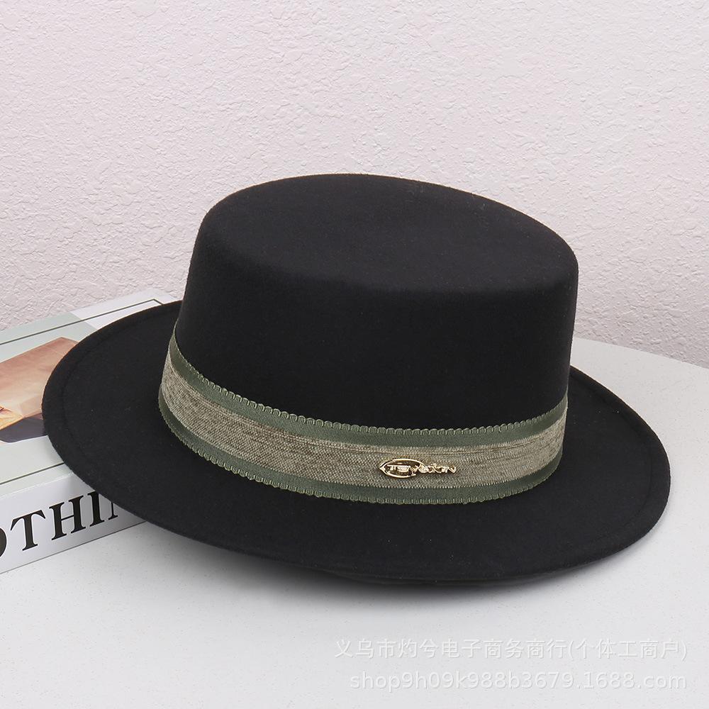 French fashion new autumn and winter versatile elegant retro flat top hat women's fashion woolen temperament personalized jazz hat