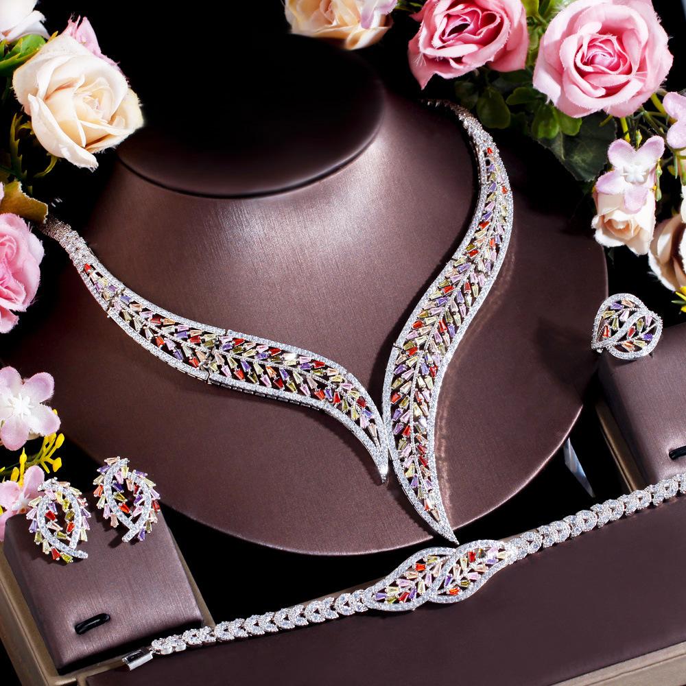 Color Chain Dinner Dress Wedding Match Necklace Earrings Bracelet Ring Four-Piece Jewelry