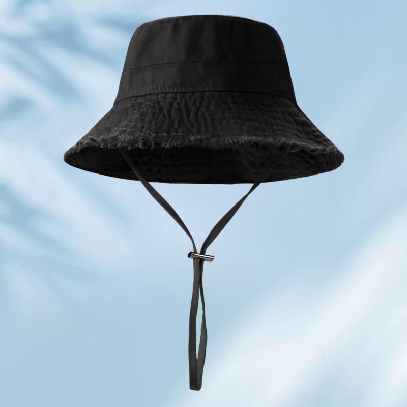 Raw edge cotton bucket hat embroidered female color visor, shopping sun protection hat