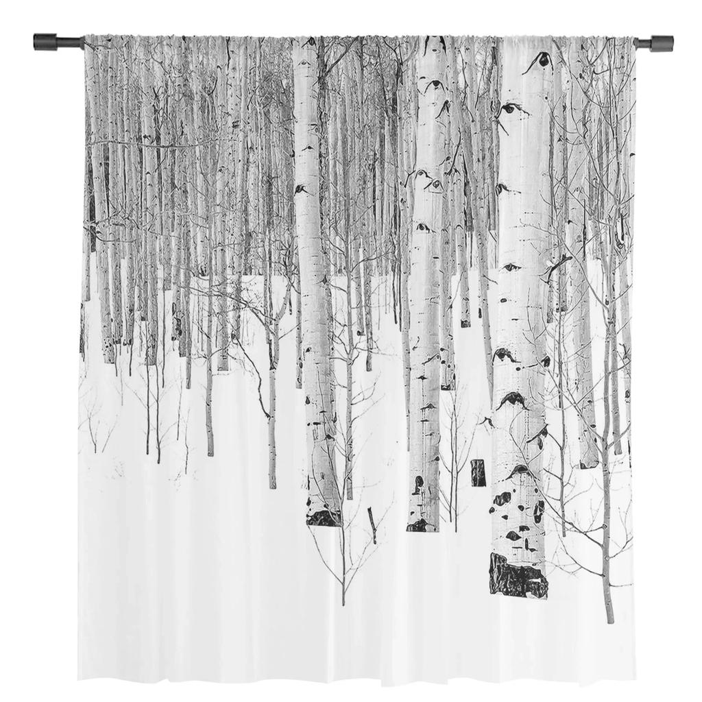 White Aspen Trees In Snow Tulle Window Curtains Living Room Organza Yarn Sheer Voile Curtain Bedroom Kitchen Home Decor Drape