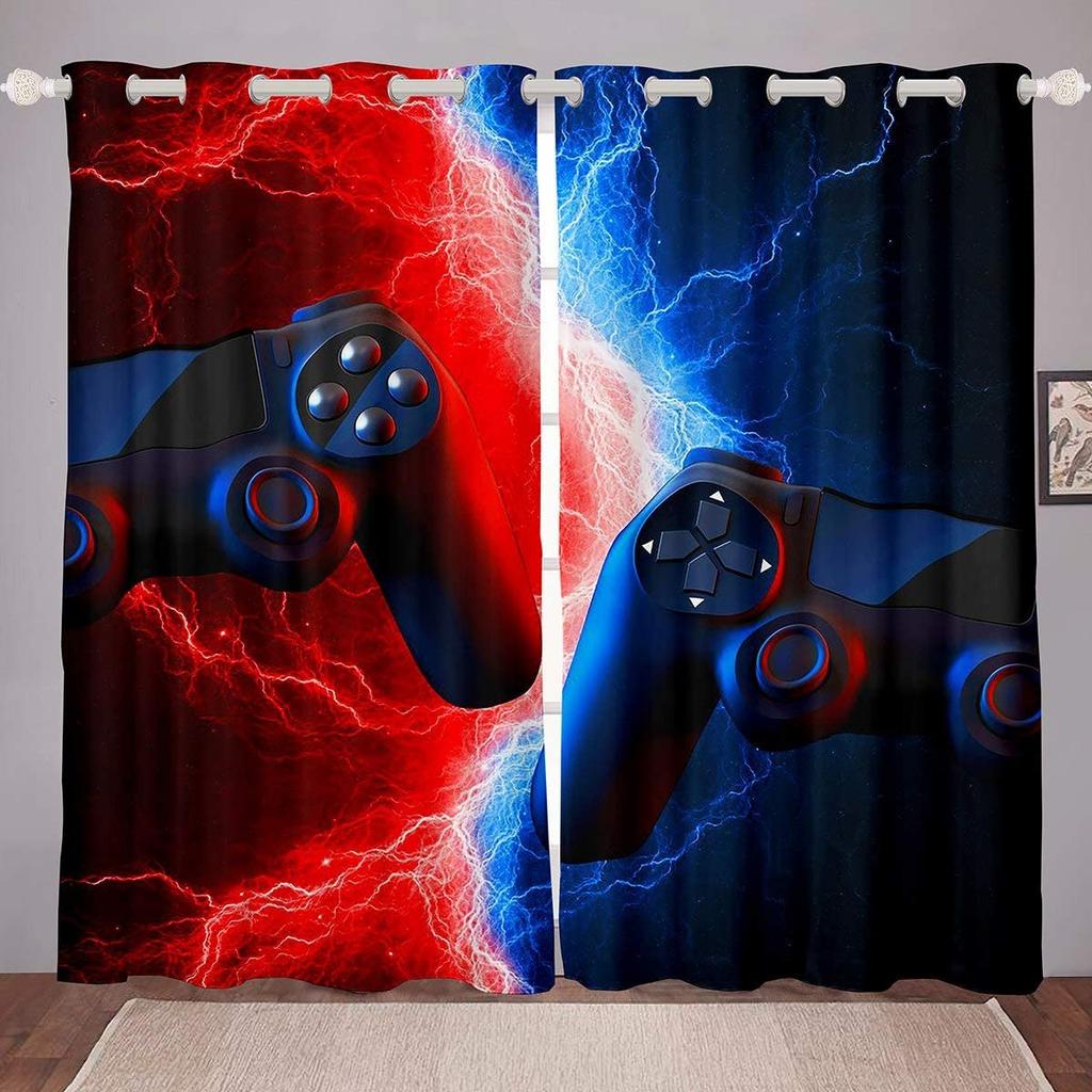 Gaming Thermal Insulated Window Drapes Teal Marble Gamepad Room Darkening Curtain for Kids Boys Girls Gamer Curtains for Bedroom