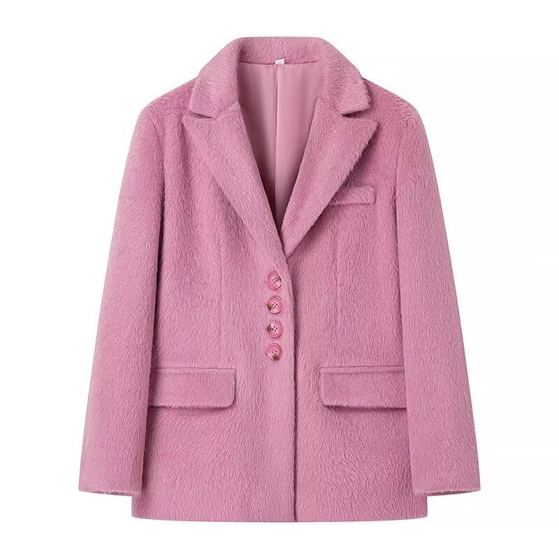 

Milk Fufu Gold Style Long Wool Blazers High-End Design Fashionable Loose Thick Woolen Mid-Length Coat Rose Red M