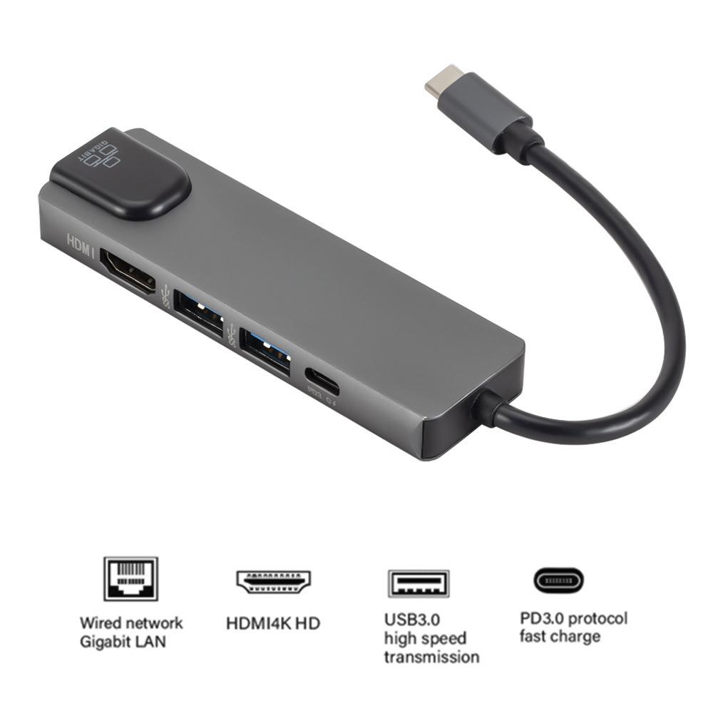 5 In 1 USB C Hub with Gigabit Ethernet 4K HD for Laptop Phone Steam Deck Type C Dock Adapter