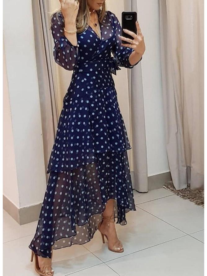 V-Neck Polka Dot Irregular Print Long Dress - Women’s Spring/Autumn Collection