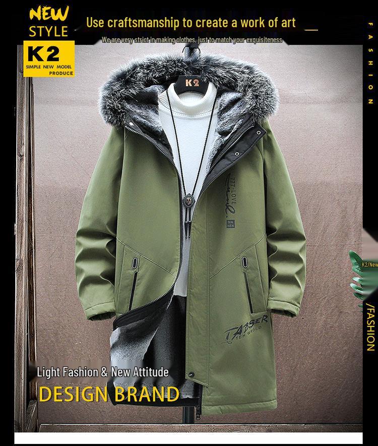 Men's Winter Fleece-Lined Hooded Mid-Length Printed Cotton Coat - Trendy & Warm Casual Jacket