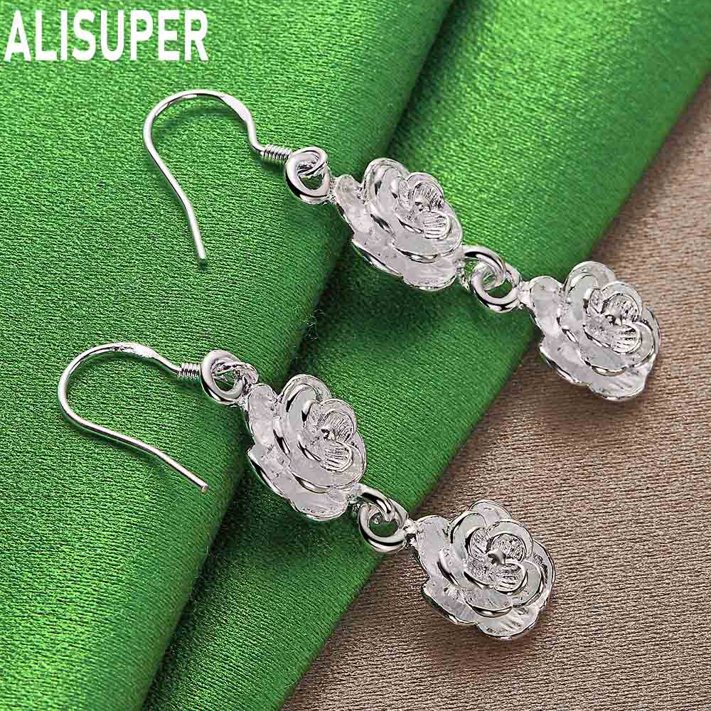 925 Sterling Silver Double-Layer 3D Rose Earrings - Fashionable Banquet Jewelry