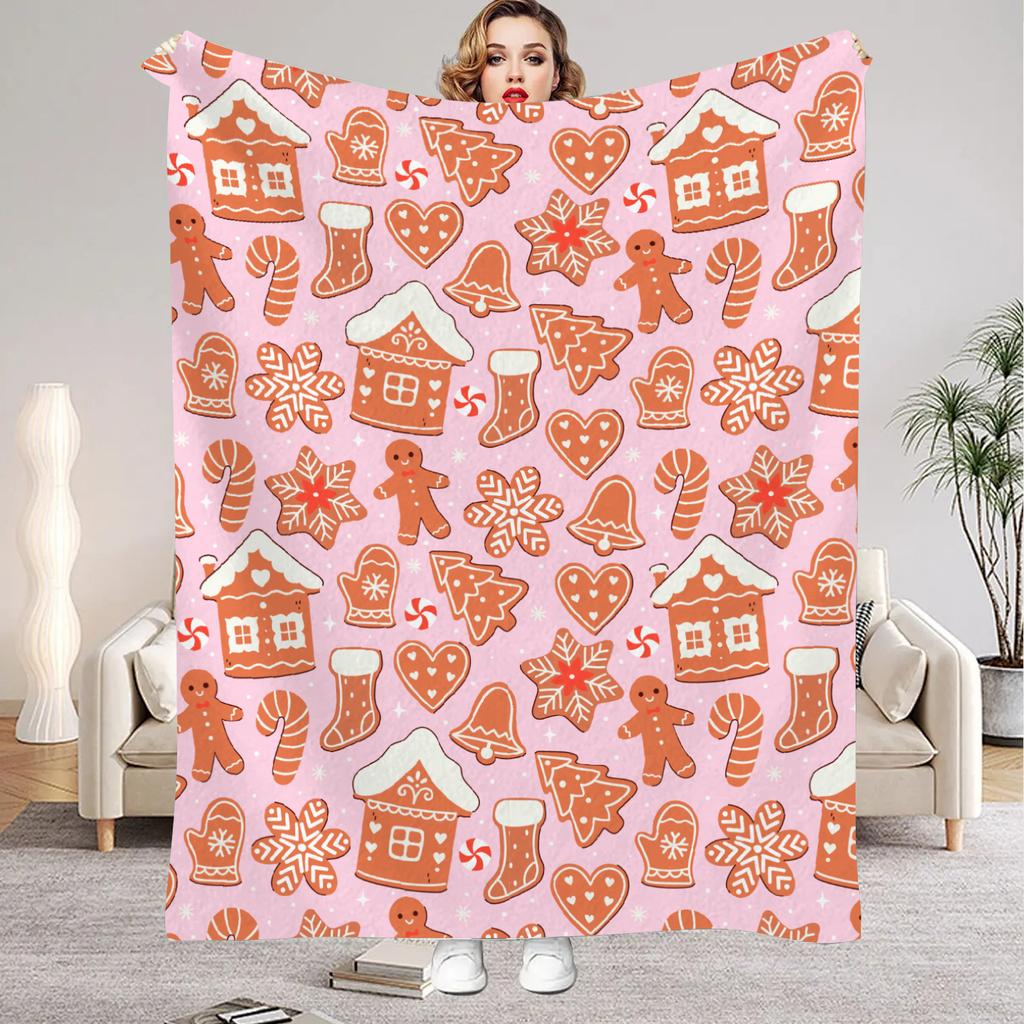 Pink Christmas Gingerbread Man Throw Blanket Soft Warm Flannel for Couch, Bed, Office, and Travel - Perfect Gift for All Season