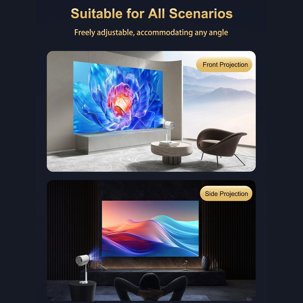 Mini Projector WiFi BT5.0 Android 13 System 180 degrees  Rotatable Movie Projector with 720P 100in Display