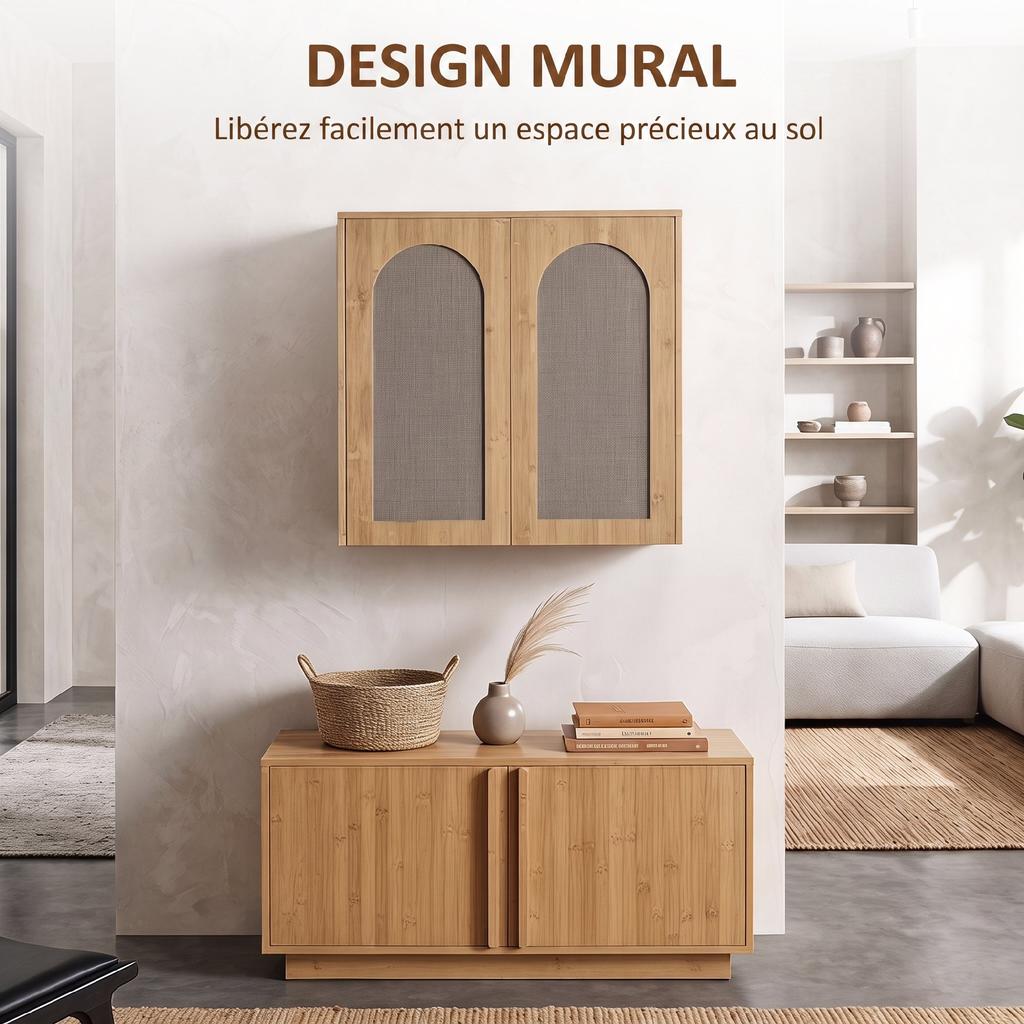 Bohemian Bathroom Wall Cabinet, 2 Soft-Close Rattan-Effect Doors, Adjustable Shelf, Oak