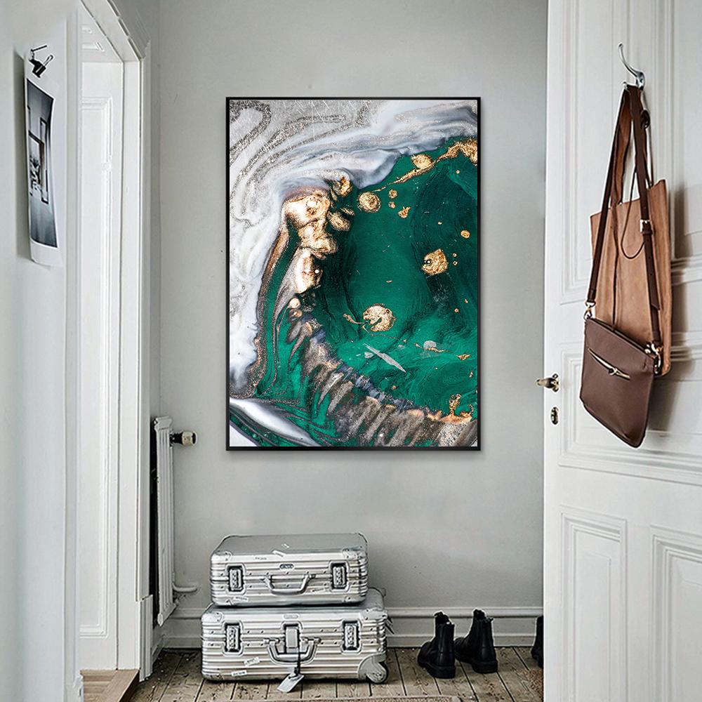 Nordic Modern Creative Abstract Green Gold Foil Art Canvas Poster Abstract Painting Print Wall Picture for Living Room Decor