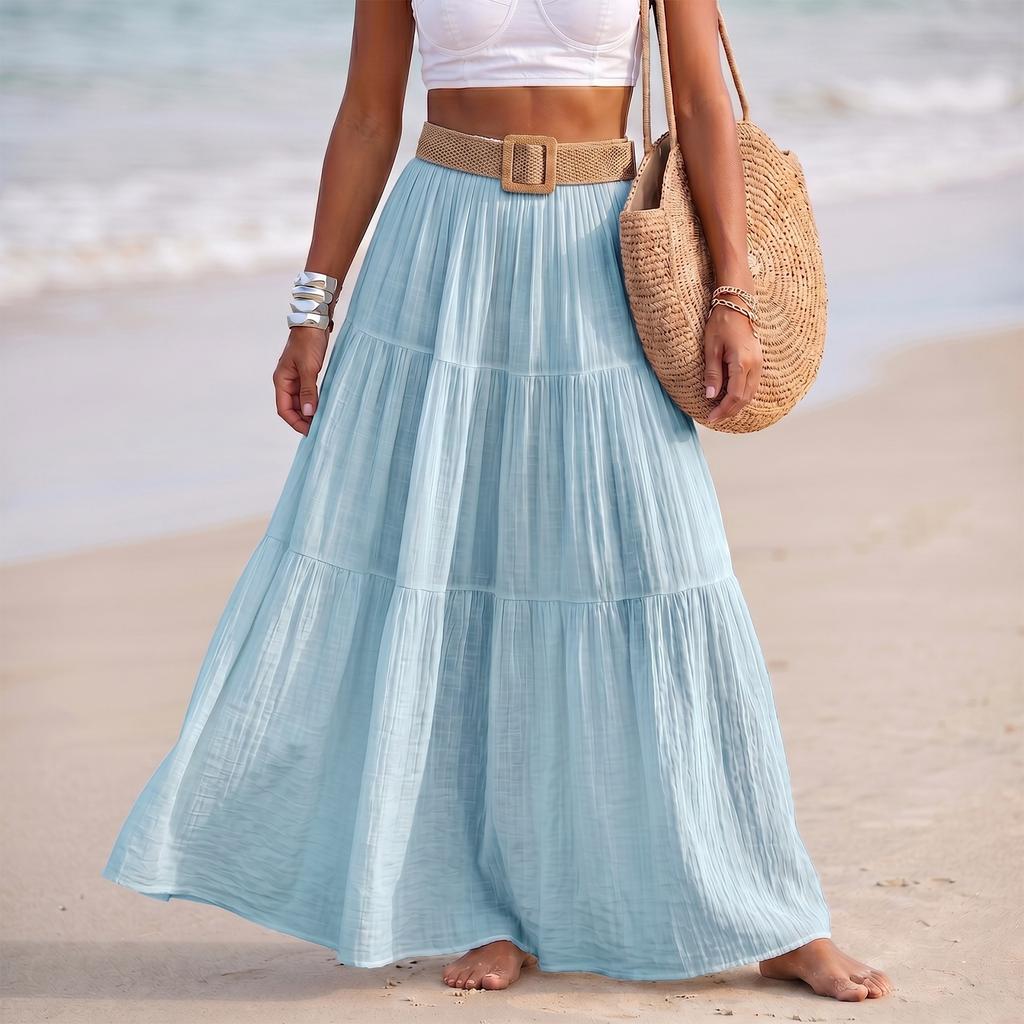 Women Fashion Solid Elastic Waist Patchwork Tiered Maxi Skirt Holiday Beach Linen Blend Casual Long Skirt with Belt