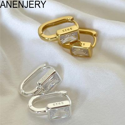 Square Zircon U-shaped Hoop Earrings for Women Exquisite Golden Silver Color Geometric Party Jewelry Gift