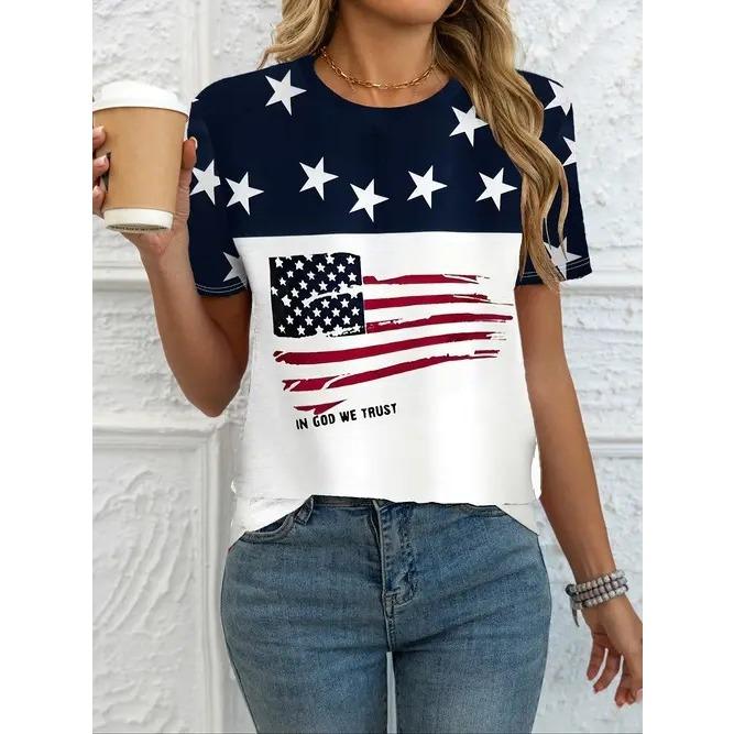 Summer Round Neck American Flag Theme Pattern 3D Print Top Fashionable Casual Short Sleeved Women's T-shirts